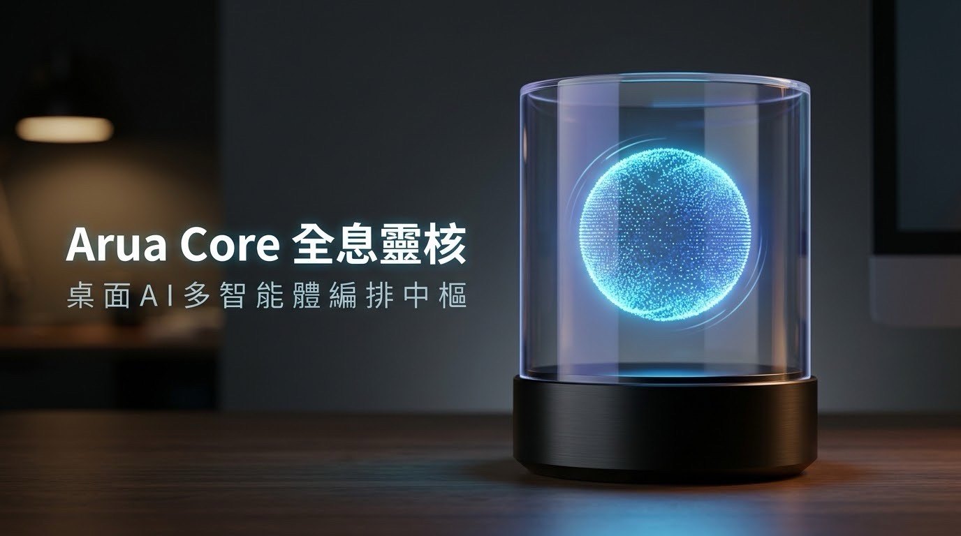 Arua Core 全息靈核：啞光黑陽極氧化鋁底座，透明亞克力罩內懸浮著由無數光點組成的藍色全息光球